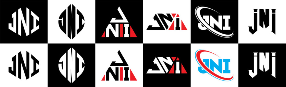 JNI letter logo design in six style. JNI polygon, circle, triangle, hexagon, flat and simple style with black and white color variation letter logo set in one artboard. JNI minimalist and classic logo