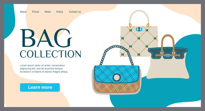 Bags store landing page. Fashion collection. Trendy accessories assortment. Fashionable clothing boutique. Leather purse and tote. Luxury handbags. Stylish merchandise. Website template vector design