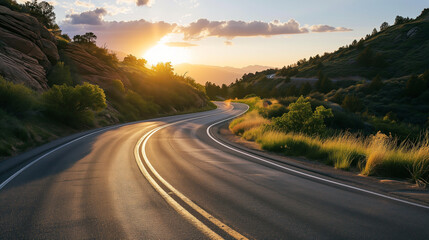 Uma estrada cheia de curvas avança até a luz solar. Uma metáfora sobre a vida. - obrazy, fototapety, plakaty