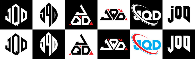 JQD letter logo design in six style. JQD polygon, circle, triangle, hexagon, flat and simple style with black and white color variation letter logo set in one artboard. JQD minimalist and classic logo