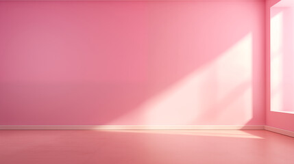 Naklejka premium Beautiful original background image of an empty space in pink tones with a play of light and shadow on the wall and wooden floor for design or creative work