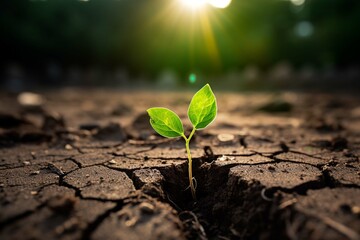 Green Sprout breaks through the dry ground Climate anxiety vs Climate optimism - obrazy, fototapety, plakaty