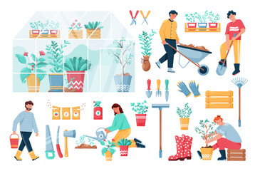Garden work. Gardening equipment. Agriculture workers. Woman planting trees and watering seeds. Man digging grounds. Flowers cultivation in greenhouse. Seedlings in pots. Vector farming elements set