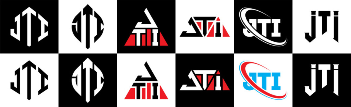 JTI letter logo design in six style. JTI polygon, circle, triangle, hexagon, flat and simple style with black and white color variation letter logo set in one artboard. JTI minimalist and classic logo