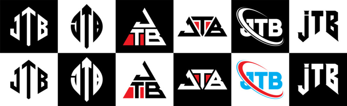 JTB letter logo design in six style. JTB polygon, circle, triangle, hexagon, flat and simple style with black and white color variation letter logo set in one artboard. JTB minimalist and classic logo