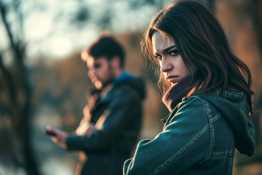 Desconfian&ccedil;a digital, mulher pensativa com namorado falando no celular