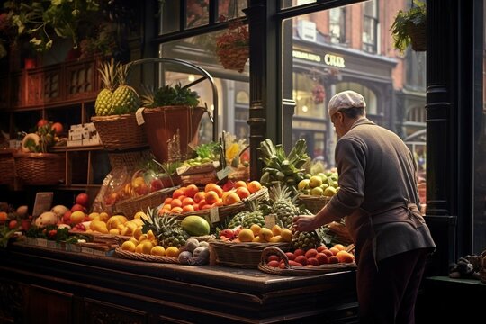 Greengrocer's shop, grocer smelling fruit