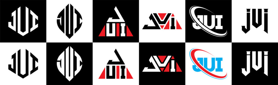 JUI letter logo design in six style. JUI polygon, circle, triangle, hexagon, flat and simple style with black and white color variation letter logo set in one artboard. JUI minimalist and classic logo