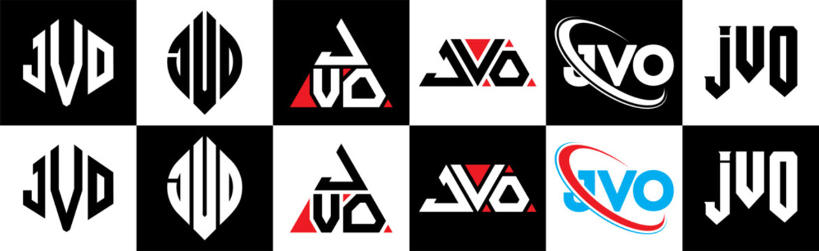 JVO letter logo design in six style. JVO polygon, circle, triangle, hexagon, flat and simple style with black and white color variation letter logo set in one artboard. JVO minimalist and classic logo