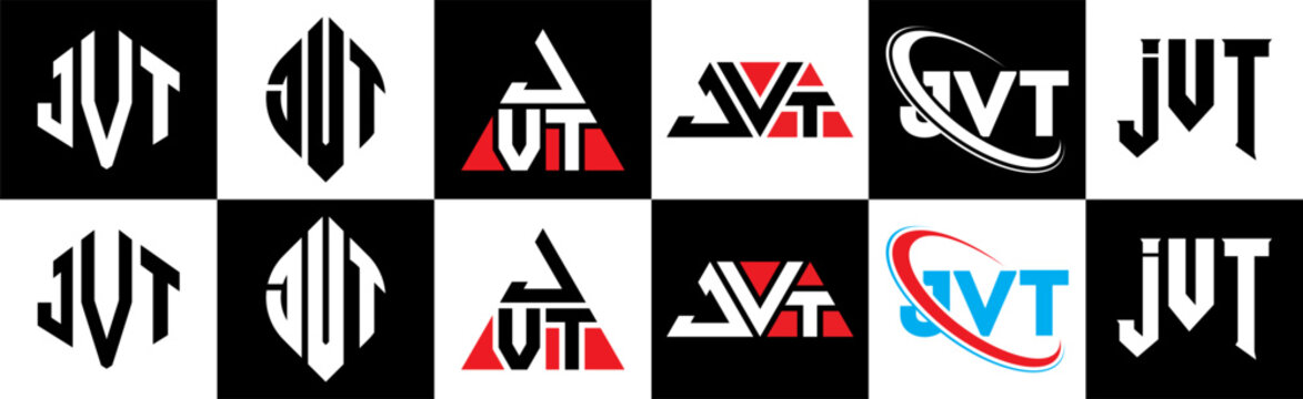 JVT letter logo design in six style. JVT polygon, circle, triangle, hexagon, flat and simple style with black and white color variation letter logo set in one artboard. JVT minimalist and classic logo