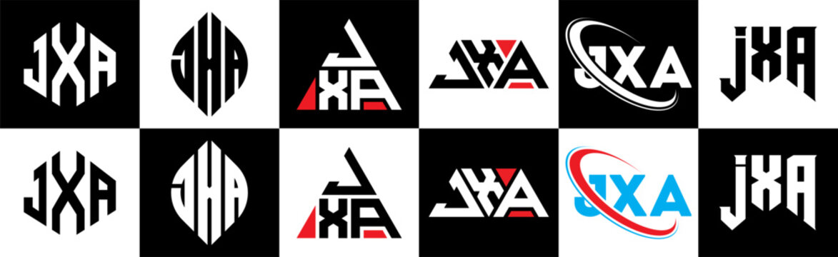 JXA letter logo design in six style. JXA polygon, circle, triangle, hexagon, flat and simple style with black and white color variation letter logo set in one artboard. JXA minimalist and classic logo