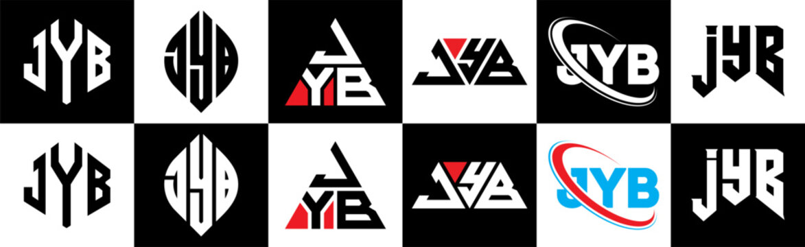 JYB letter logo design in six style. JYB polygon, circle, triangle, hexagon, flat and simple style with black and white color variation letter logo set in one artboard. JYB minimalist and classic logo