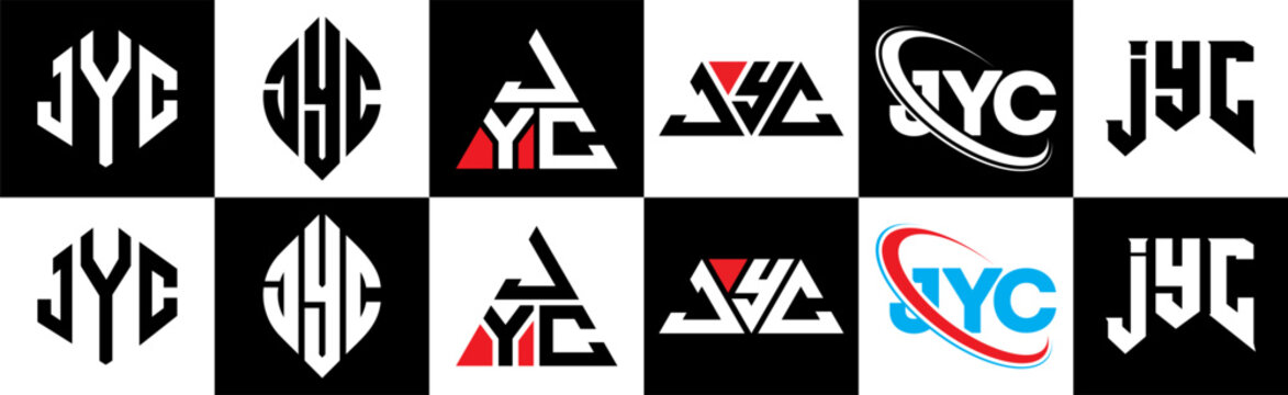 JYC letter logo design in six style. JYC polygon, circle, triangle, hexagon, flat and simple style with black and white color variation letter logo set in one artboard. JYC minimalist and classic logo
