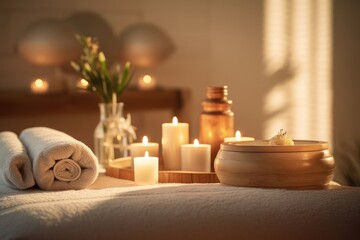 Fototapeta na wymiar Cozy Spa Sanctuary: Calm and Relaxing Photos with Candles, Aromatherapy Oils, and Soft Illumination