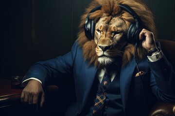 Regal Lion: Person in Lion Costume and Headphones Projecting Power and Authority