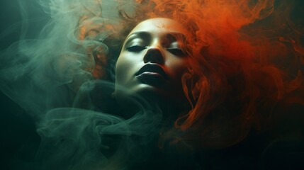A faded portrait of a woman with smoke tendrils encircling her face, captures the elusive nature of mental health challenges - obrazy, fototapety, plakaty