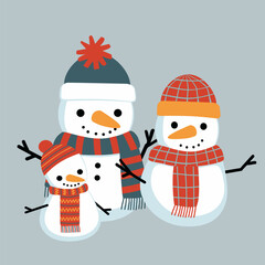 Cute winter Christmas vector greeting card. Snowman family mom, dad and child on a blue background.