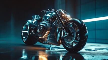 Advertisement Photography: A sleek futuristic motorcycle, its reflective surface gleaming under studio lights, conveying speed and innovation