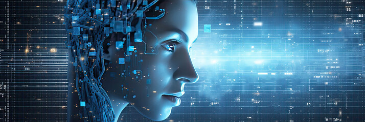 Modern female robot in an artificial intelligence image with wires and circuits on a digital background. Banner with copy space - obrazy, fototapety, plakaty