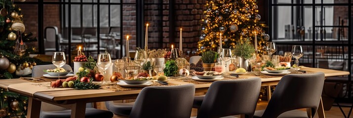 Festive Christmas table setting in a loft-style interior with a large window and a Christmas tree. New Year's Eve dinner, banquet for guests. Banner