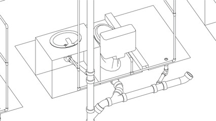 isometric bathroom and toilet design line drawing 3d illustration vector