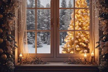 Indoor Cozy window with Christmas decor and warm light - inside view in winter and snow. celebrate Christmas and New Year, Christmas tree, bokeh, snow. 