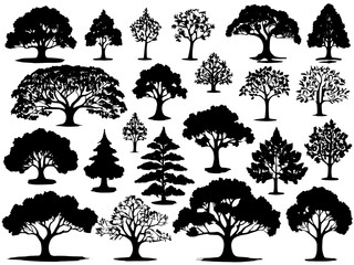 Silhouette of decorative tree shapes with high contrast on a white background