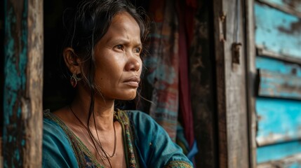 Fototapeta na wymiar A detailed environmental color portrait photograph of Cambodian woman, cinematic, dramatic lighting, high contrast, photorealistic, Dark and moody