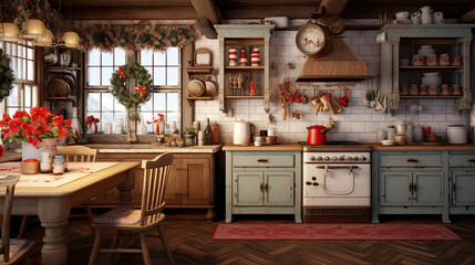 Cozy village kitchen with Christmas decor, new Year's mood, preparing for the holiday, utensils....