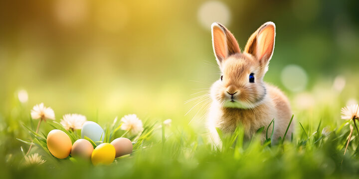 Baby funny easter bunny with fluffy fur sitting on green grass next to painted eggs