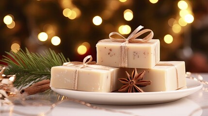 Natural handmade soap in eco-style on Christmas background with bokeh, handmade with spicy ingredients with space for text. Packed for a New Year and Christmas gift. Hobby soap making, home made. - obrazy, fototapety, plakaty