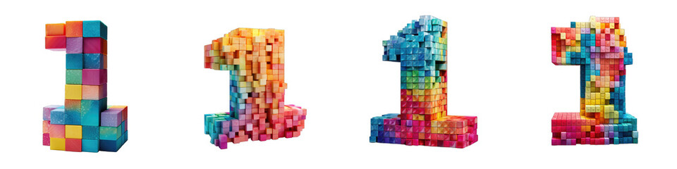 Number made of colorful cubes, logotype, number 1 , One isolated on a transparent background