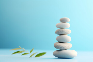 Obraz na płótnie Canvas Stack of zen stones on light blue background. Zen concept.