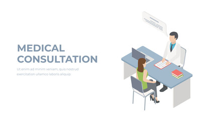 Medical consultation isometry. Doctor with patient concept. Doctor composition with human characters. Consulting room interior with medical equipment and furniture. Medical clinic vector illustration.