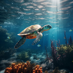 Obraz na płótnie Canvas Green Sea Turtle swimming underwater in the ocean