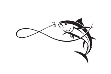 fishing emblem with tuna and hook isolated on white background
