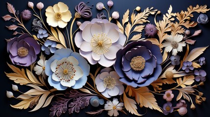 Decorative various flowers on a dark background in 3D art style. Floral pattern with dominance of orange and blue colors.