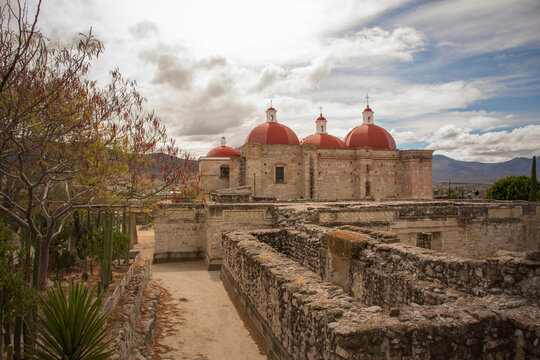 Impressive view of the church of Mitla, the city of the dead, among the Zapotec archaeological site in Oaxaca, Mexico.