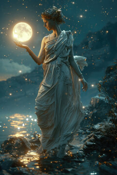Selene - Greek god in a full-body shot with a background reflecting her domain or personality Gen AI