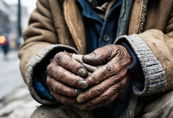 Up-Close and Personal: A Glimpse into a Beggar's Daily Struggle - obrazy, fototapety, plakaty