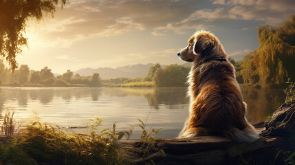 photo Dog is sitting on the river bank AI Generated