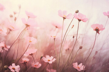 Pink wild flowers blossoming in foggy spring meadow on sunny sunrise.