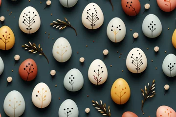 Fotobehang Easter eggs seamless pattern. Dyed eggs on dark solid background. © MNStudio