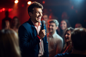 Handsome male stand-up comedian holding a microphone in front on cheerful audience. Man in a spotlight talking to a crowd.
