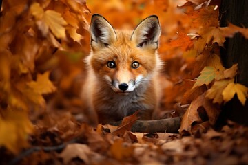Naklejka na ściany i meble : A curious fox peering out from behind a carpet of autumn leaves in a dense, enchanted woodland