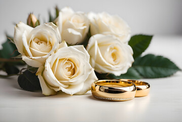 Gold wedding rings with a bouquet of white rose flowers, generative AI