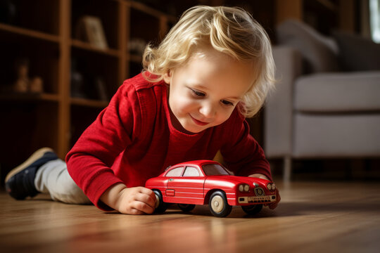 Cute toddler boy playing with red toy car. Small child having fun with toys. Kid spending time in a cozy living room at home.