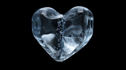 Ice cube in the shape of a heart. Frozen water on a black background. Icy love.