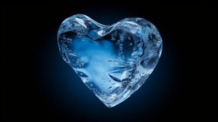 Ice cube in the shape of a heart. Frozen water on a black background. Icy love.