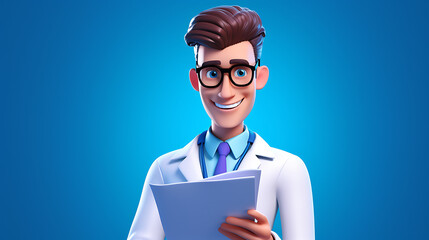 3d render, caucasian male doctor wears glasses and holds blue clipboard. Medical clip art isolated on blue background. Health insurance concept. Professional therapist, hospital assistant